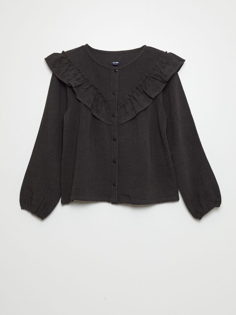 Blusa de gasa de algodón con aplique de volantes - NEGRO