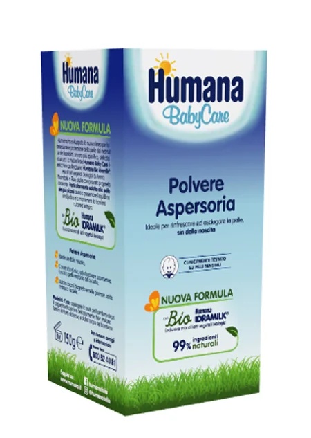 Talco para bebê Humana Aspersoria 150 g, suave, refrescante e absorvente.