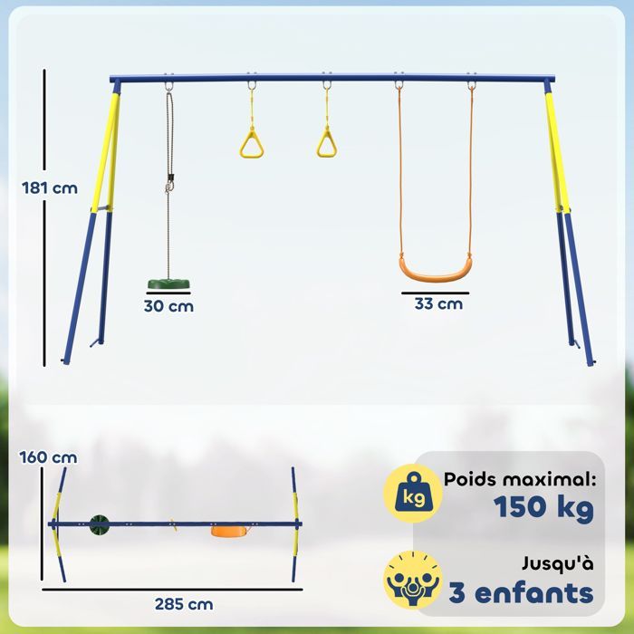 Children's Swing Set - AIYAPLAY - 3 in 1 - 2 Swings, 2 Gymnastic Rings - Steel - 285x160x181cm - Multicoloured
