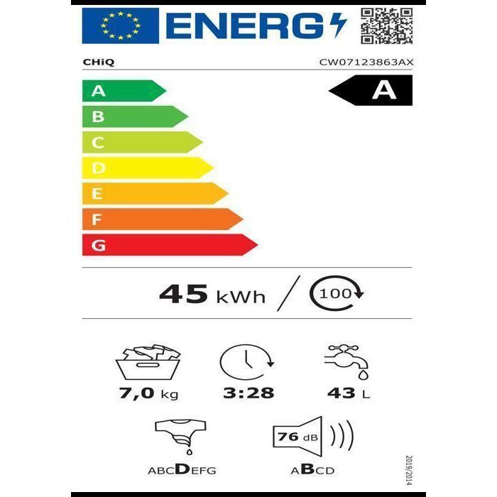 Front-loading washing machine - CHiQ - CW07123863AX - 7kg - Energy Class A - 1200 RPM - Steam wash