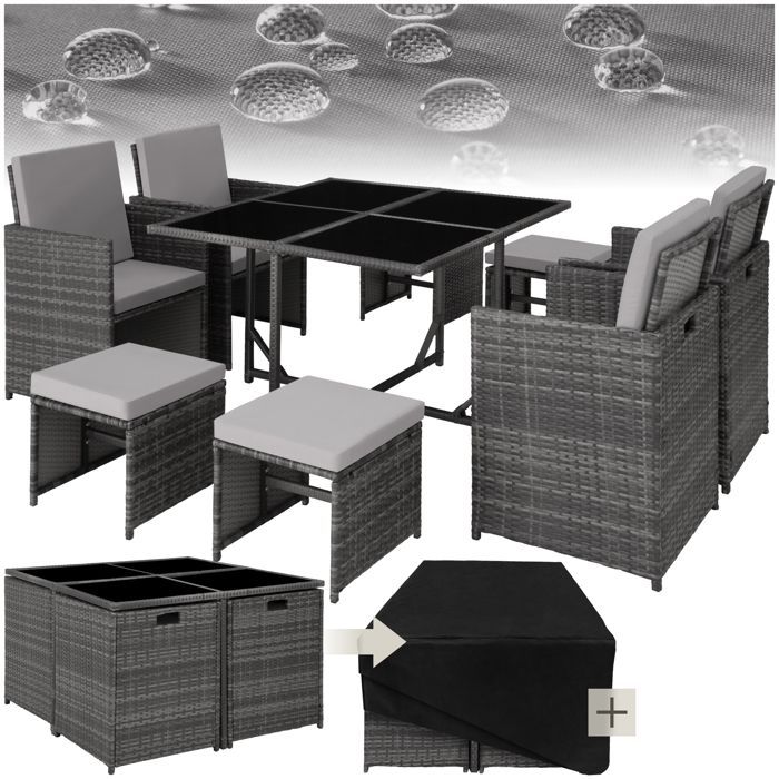 Salon de jardin - TECTAKE - Ensemble détente repas d'extérieur BILABO 8 personnes résistant pliable en résine tressée - Gris