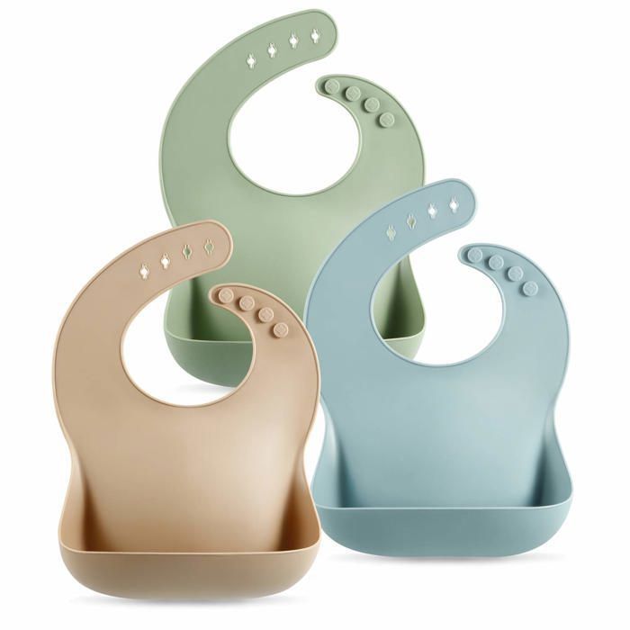 Lot de 3 bavoirs épais en silicone pour bébés et tout-petits (10 à 72mois)-Bavoirs imperméables et réglables avec large poche-Doux