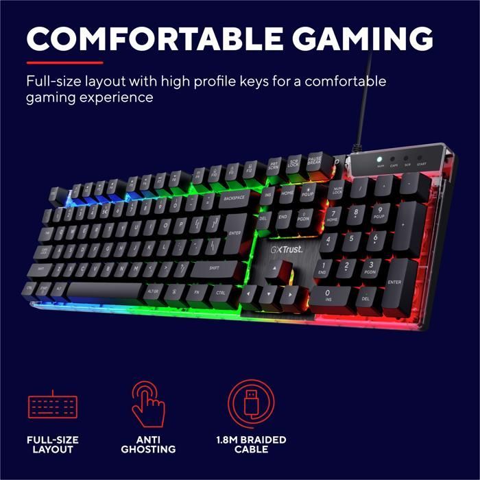 Trust Gaming GXT 835 Azor Clavier Gamer Filaire AZERTY Français, Éclairage LED Arc-en-Ciel, Mode Jeu, 8 Touches Anti-ghosting - Noir