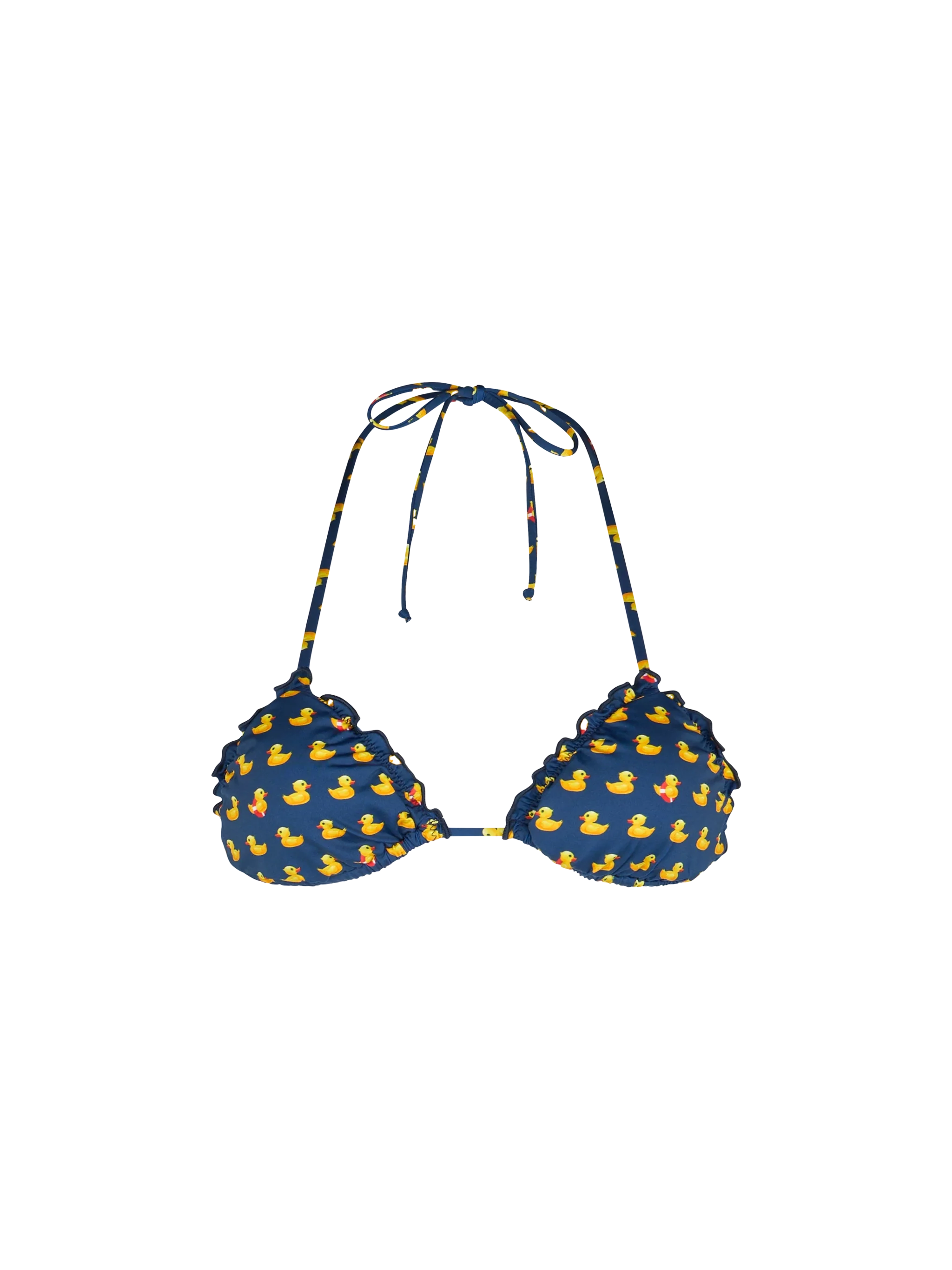 Verschuifbare driehoekige strandtop met dunne bandjes en een marineblauwe eendjesprint | MC2 Saint Barth