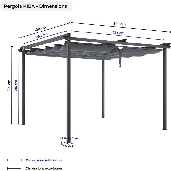 Pergola toit rétractable - KIBA - Structure en acier - Toile en polyester - Gris - 3 x 3 m