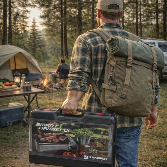 Barbacoa de gas portátil KEMPER de 1900 W con parrilla antiadherente + 4 cartuchos de gas para camping