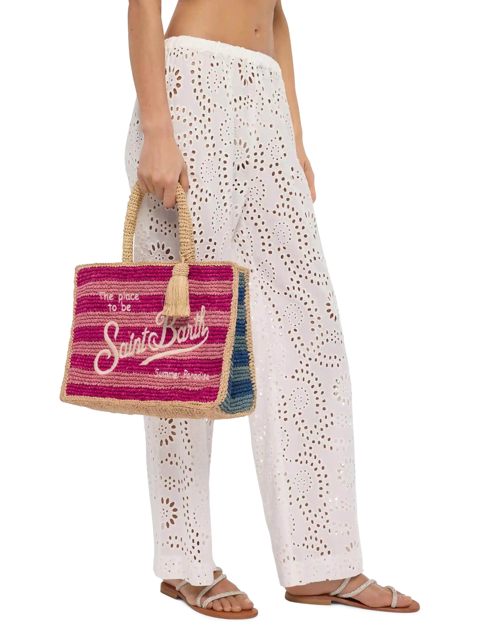 Colette-Tasche aus mehrfarbig gestreiftem Bast mit gesticktem Logo