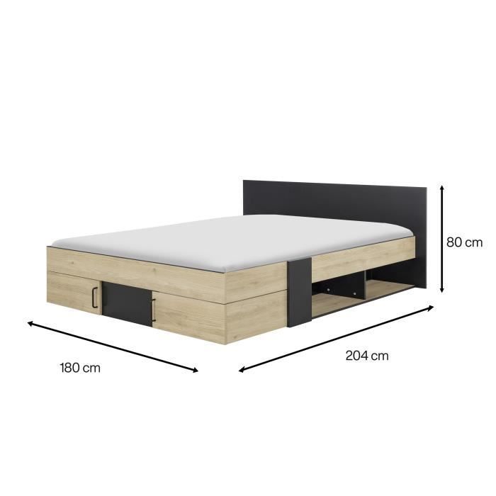 DIAGONE Lit adulte avec tiroirs de rangement  - Chataignier et noir - 160 x 200 - SWIVEL