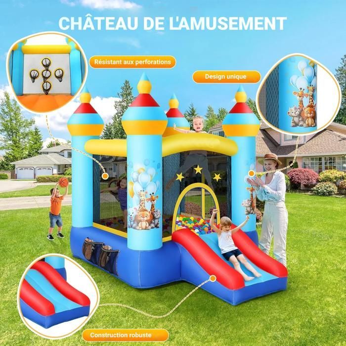 Château Gonflable pour Enfants avec Soufflerie, Toboggan/Jeu de Lancer/Zone de Saut, 270x180x210 cm, Intérieur/Extérieur, 3 à 8 Ans