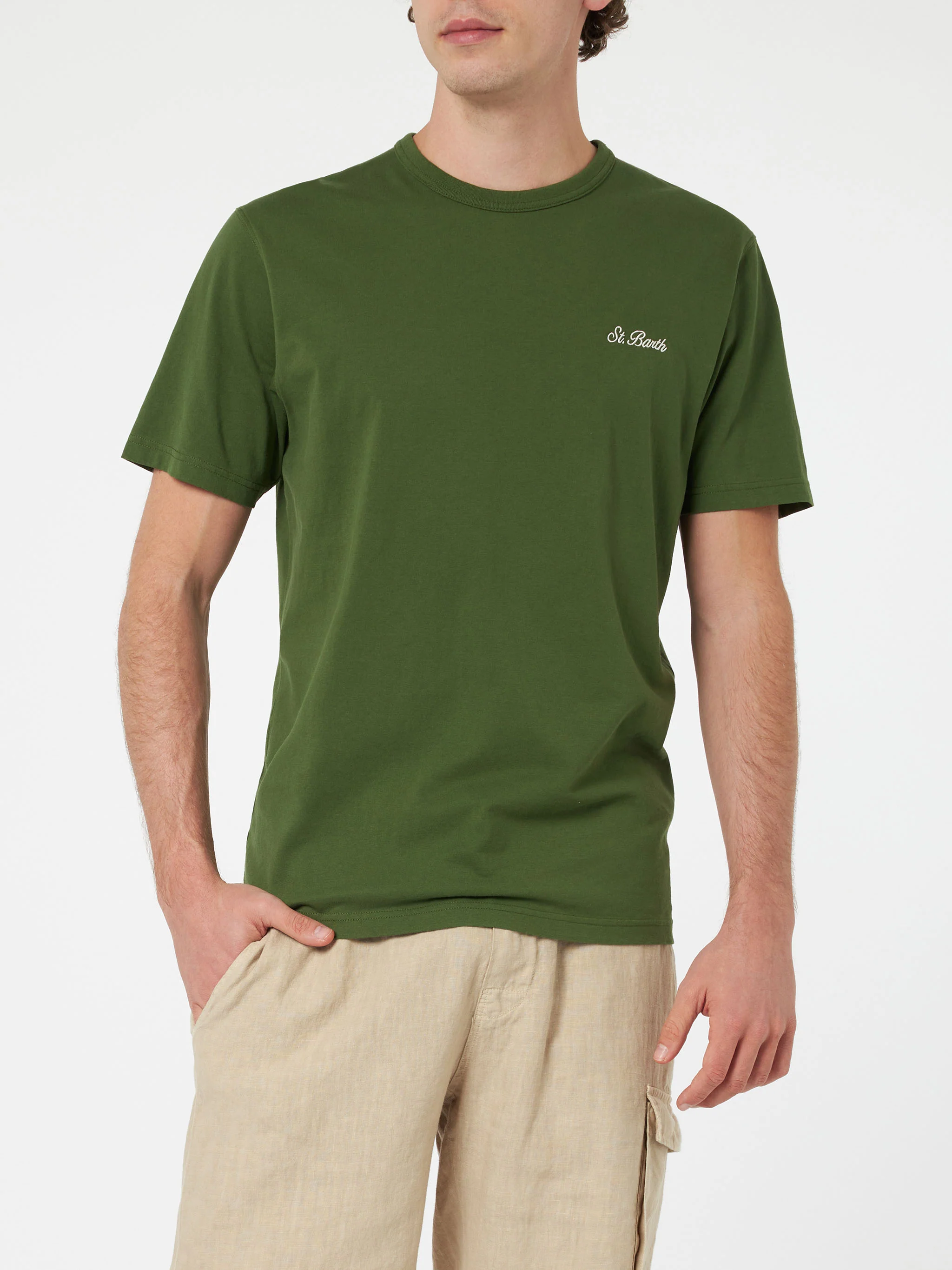 Dover heren T-shirt van katoenen jersey in militaire groene kleur met St-borduurwerk.