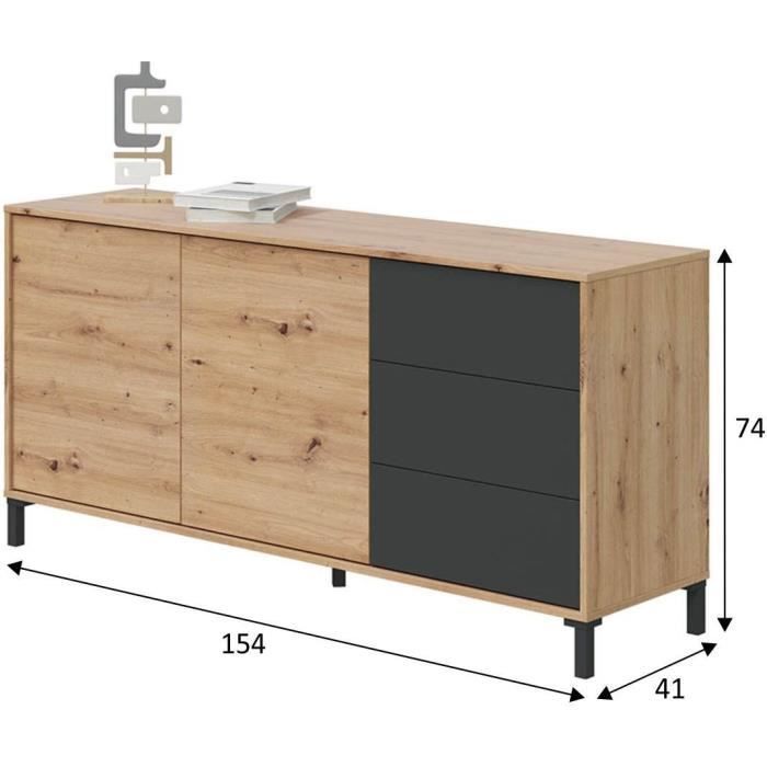 Credenza a 2 ante e 3 cassetti - Truciolato rivestito in melamina - Rovere e nero - BROOKLYN L 154 cm x P 41 cm x H 74 cm