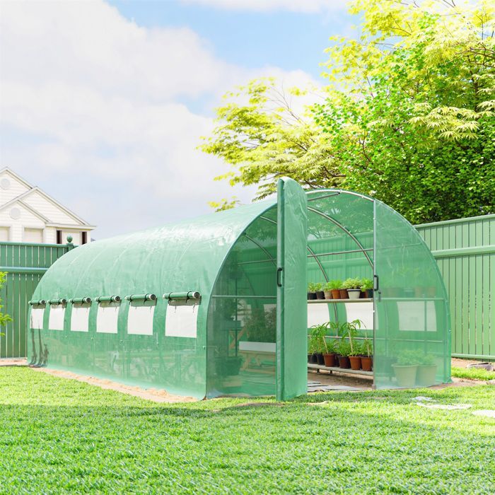 Invernadero tipo túnel Outsunny de 18 m² (295 x 597 x 200 cm) - con puertas y 12 ventanas con mosquiteras - Cubierta de PE de 140 g/m² - verde