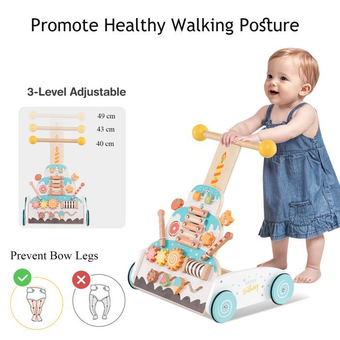 LIFEZEAL Chariot de Marche en Bois pour Bébé 12+ Mois, Trotteur Bebe avec Poignée Réglable à 3 Positions, Compartiment, 4 Roues