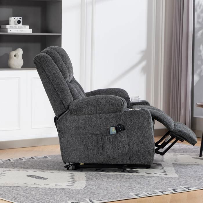 Sillón eléctrico regulable (gris oscuro): función de elevación, masaje, calefacción, reposapiés, 2 bolsillos, portavasos (para personas mayores).