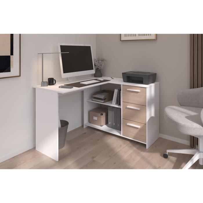 PARISOT hoekbureau met 3 lades - Wit/eiken afwerking - 121,2 x 74,5 x 111 cm - ESSENTIAL