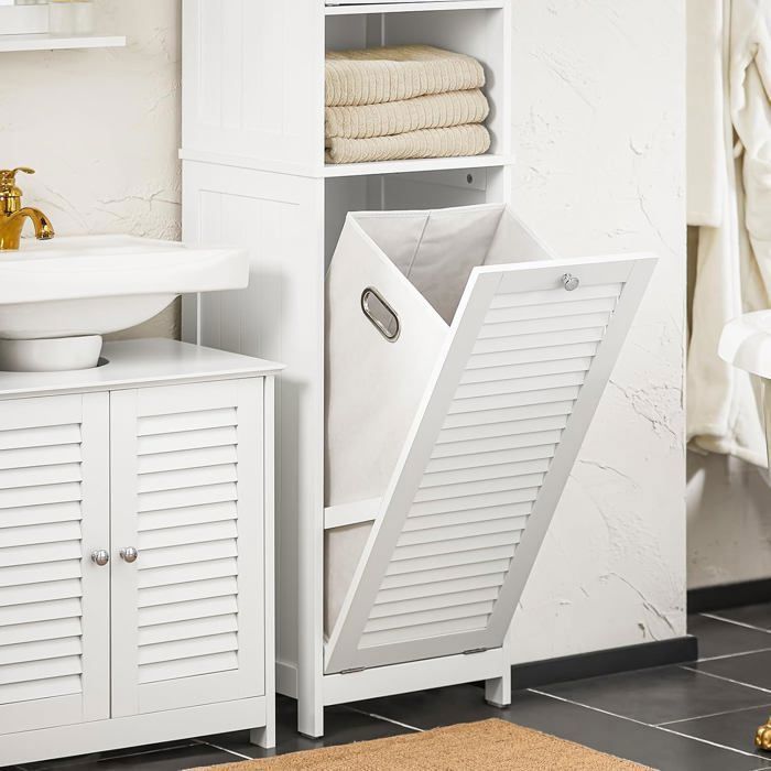 Mobiletto a colonna bianco SoBuy per bagno con cesto portabiancheria, mobiletto stretto con ripiani per bagno o lavanderia.