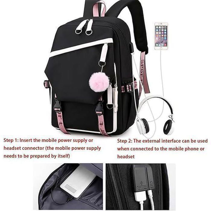 Sac à Dos pour Enfants, Sac à Dos d'école, Sac à Dos Scolaire pour Filles, Avec USB et Joli Motif de Dessin , Bleu+Noir,30