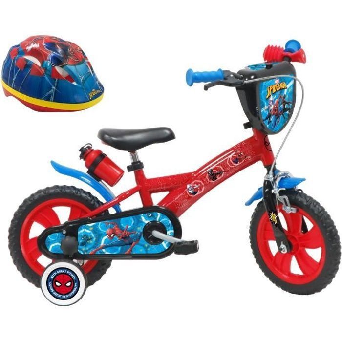 Spiderman 12'' Bike - Children's bike < 90 cm - equipped with 1 brake - 2 stabilizers - front plate and Spiderman helmet!
