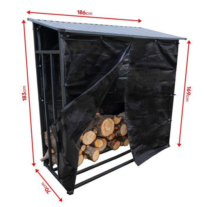 Leñero con techo inclinado - Capacidad: 3 metros cúbicos - Longitud: 186 cm - Refugio exterior para almacenar leña - Funda protectora