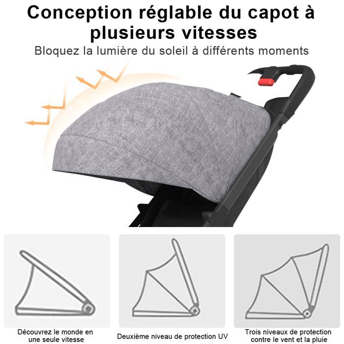 Poussette pliable en trois parties, voiture pour bébé, réglable librement, conception à double verrouillage, grise.