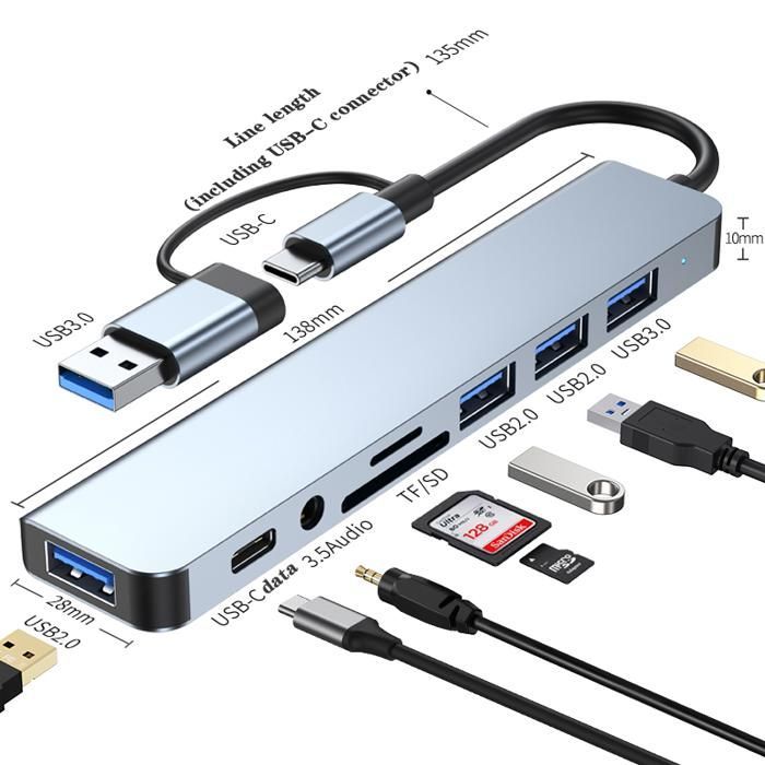 Dock multiportas 8 em 1 - RNCYN - Alumínio - TF - PD - USB - Áudio de 3,5 mm - Tipo C - Adaptador - Divisor - Extensor