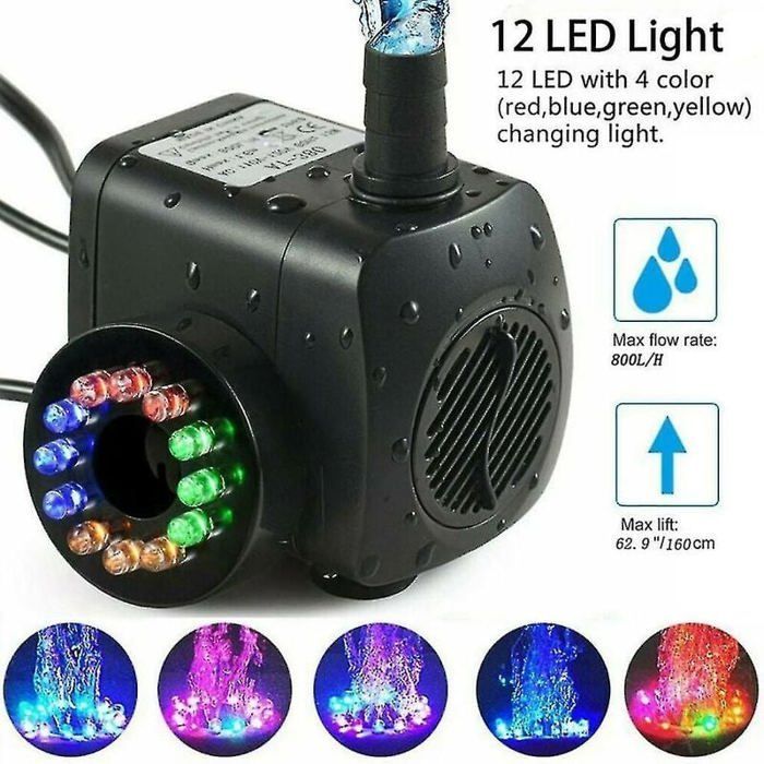15W 800lh fonteinpomp, vijverpomp, fonteinpomp, tuinpomp, fonteinpomp met 12 LED's