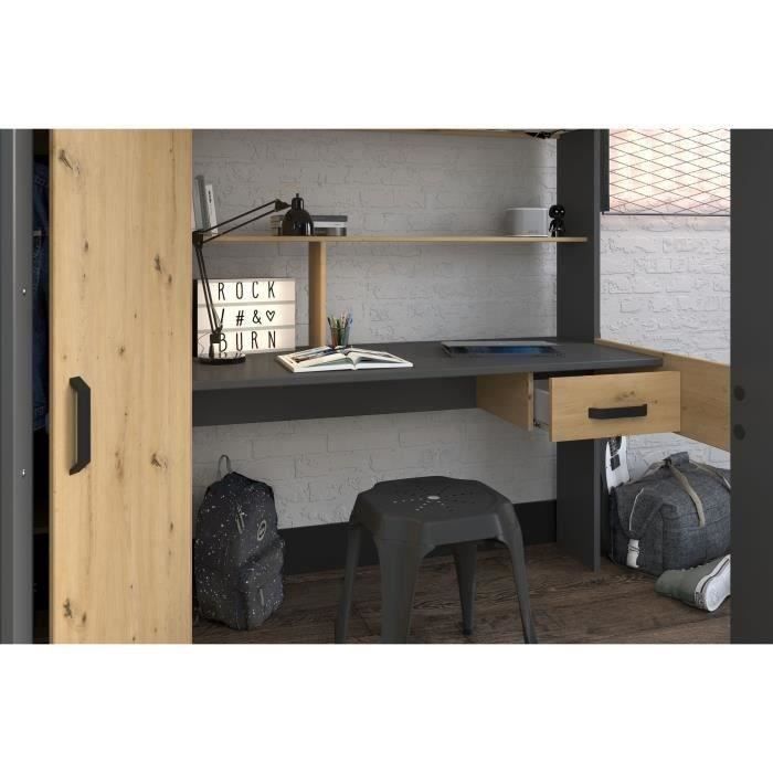 PARISOT HIGH Kinder-Hochbett – Eiche und Grau – Inklusive Lattenrost – 90 x 200 cm