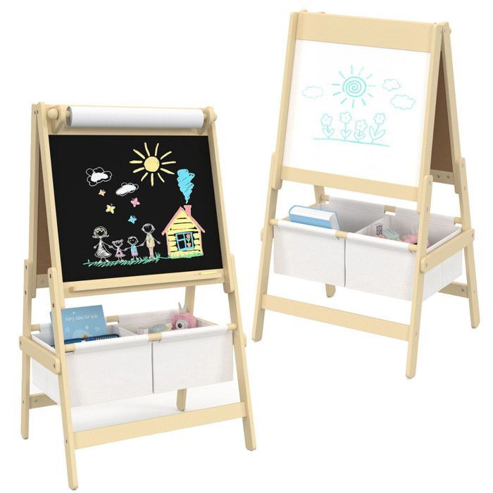 IDMARKET Tableau enfant 3 en 1 chevalet double face avec rouleau de papier et 2 paniers de rangement