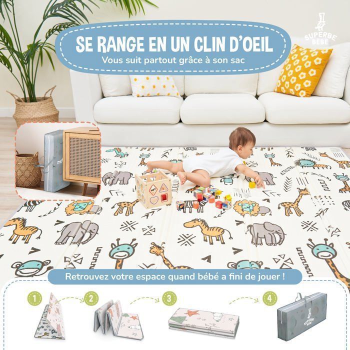 Tappetino da gioco pieghevole, reversibile e impermeabile - 200x180x1,5 cm | Tappetino da gioco in schiuma per bambini - VOLPE | SUPERBE BABE