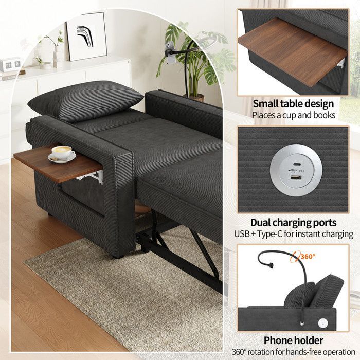 Einzelschlafsofa – USB-Anschluss und Handyhalterung – Liegefunktion – Cord – Grau – 93 x 150 x 85 cm