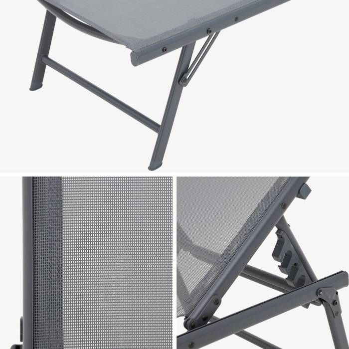 Lot de 2 bains de soleil acier textilène inclinable 4 positions Tropea anthracite. 165 x 54.5 x 82.5 cm