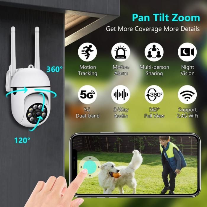 Telecamera di sorveglianza esterna - PTZ a 360° - WiFi 2.4 + 5G - Visione notturna HD - Zoom 4x, visione notturna per la casa