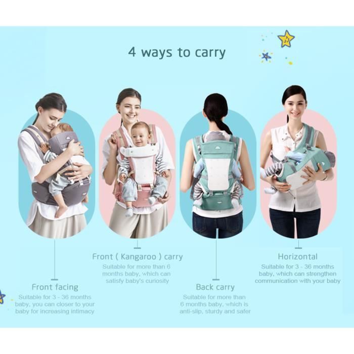 Portabebés 4 en 1 (delantero y trasero), mochila transpirable para senderismo, deportes y vacaciones - Gris