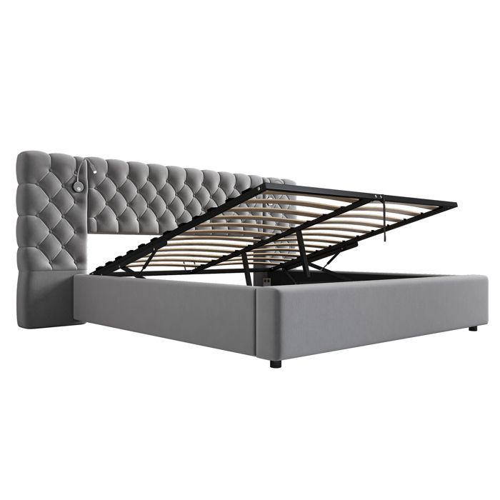 Cama doble tapizada de 160 x 200 cm con iluminación LED y espacio de almacenamiento. Cama con cabecero tapizado y luz de lectura. Terciopelo gris.