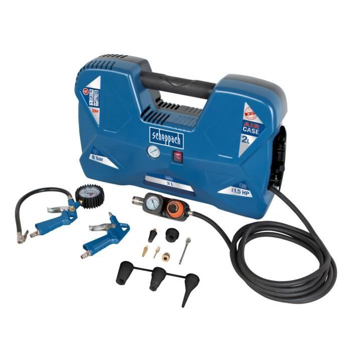 Scheppach AIR CASE tragbarer Kompressor - 2L - 1100W - 8 bar (Lieferung mit 12 Zubehörteilen, einer Ausblaspistole und einem Aufblasgriff)