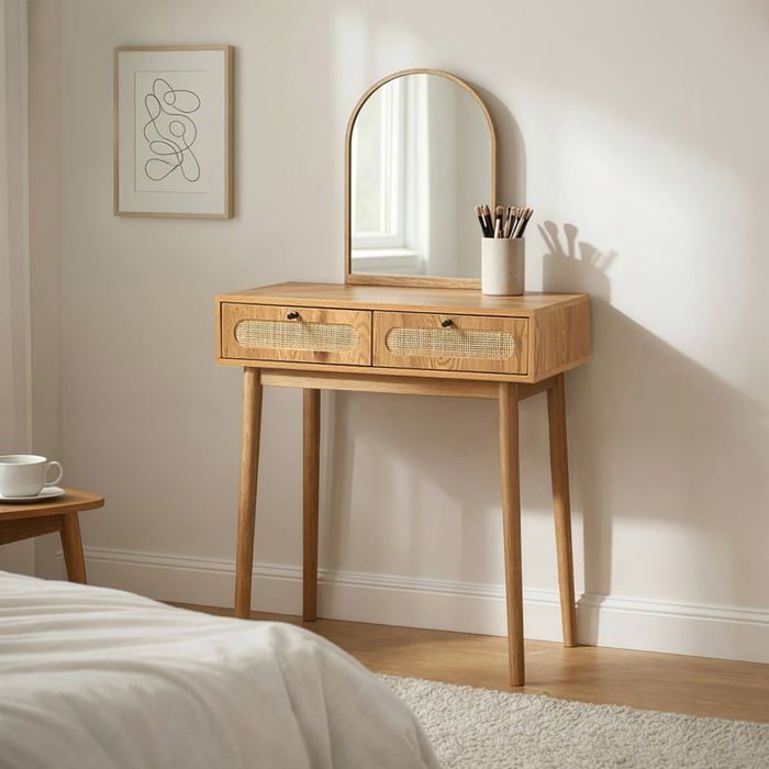 CALICOSY - Coiffeuse avec miroir et 2 tiroirs façades rotin L80 cm ALIA - Bois clair