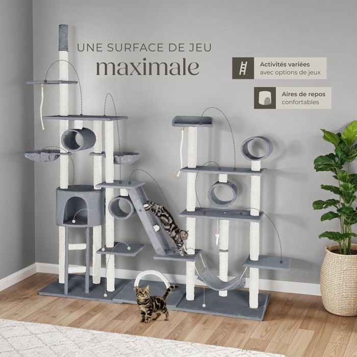 Cat tree - TECTAKE - SNOOKY cat furniture with large scratching post and 1 hammock 218 x 70 x 216 cm - Grey