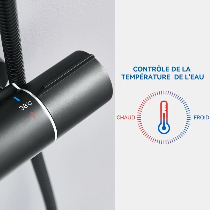 Columna de ducha termostática de 38 °C, color negro, con 3 modos de funcionamiento, ducha de mano y altura regulable de 84 a 121 cm.