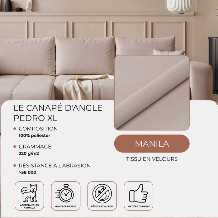 PEDRO Wende-Ecksofa – 5-Sitzer – Schlafsofa mit Stauraum – Samtbezug – Beige