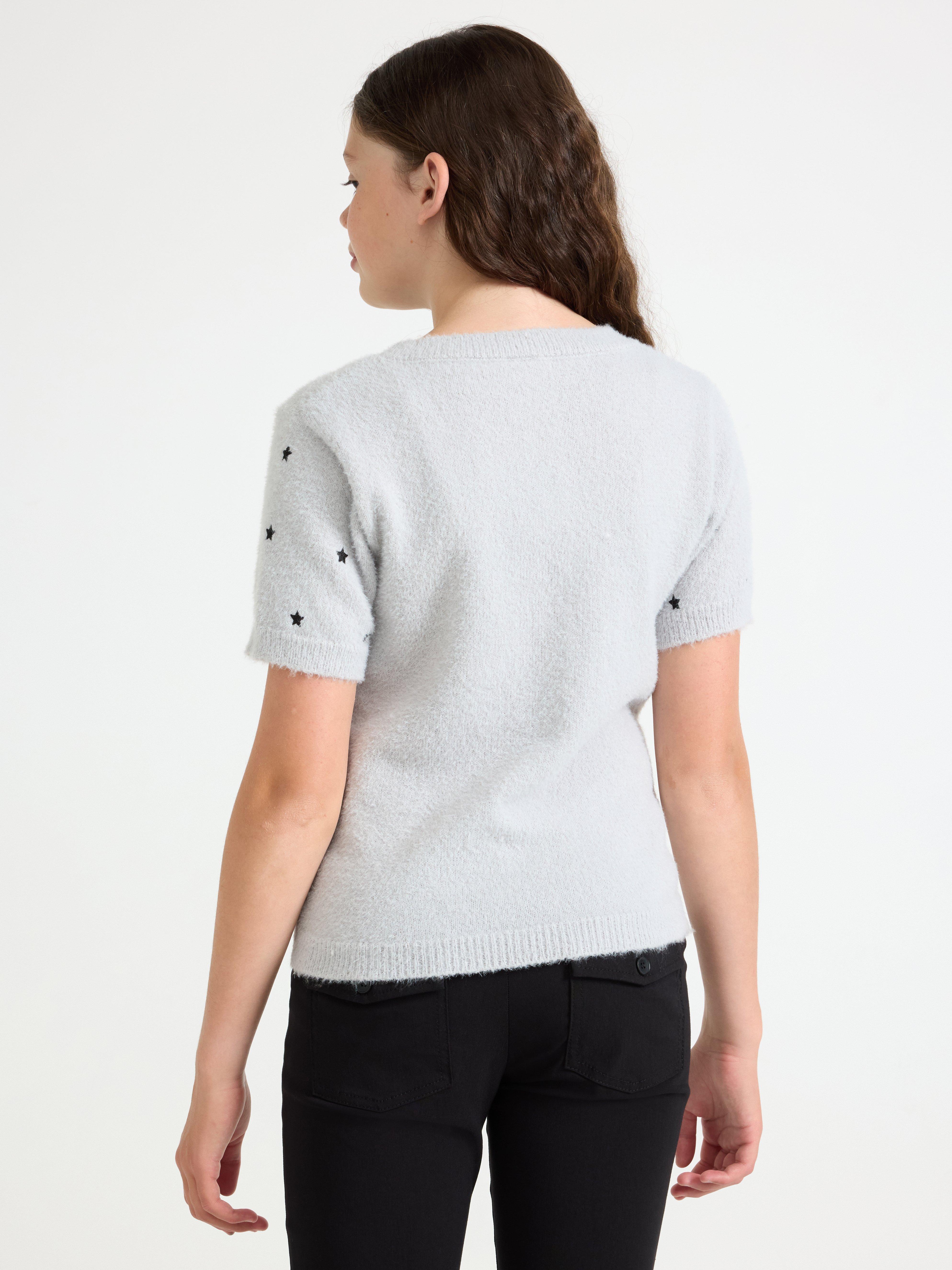 Blusa de malha de manga curta cinza claro