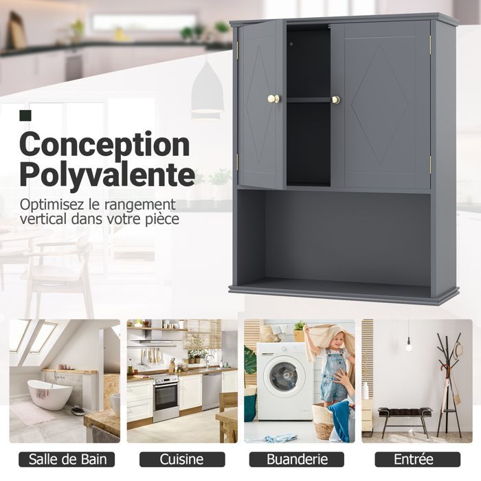 COSTWAY Meuble Mural Salle de Bain avec 2 Portes, Étagère Réglable, Compartiment Ouvert, pour Toilette, Buanderie, Salon, Gris