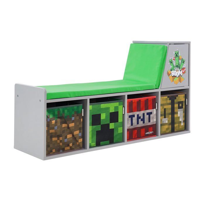 2-in-1 Storage Bench - ROBA - Minecraft - with 2 Cushions and 4 Storage Bins - Grey