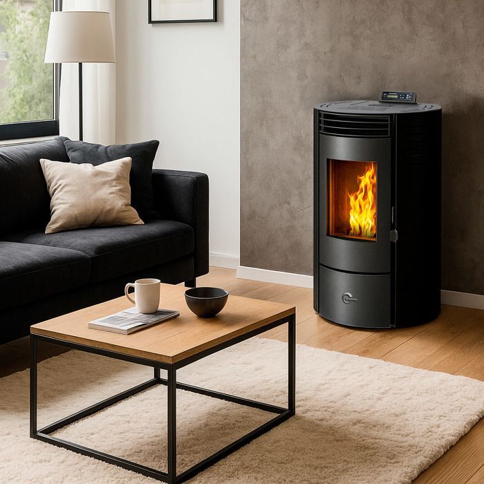 Estufa de pellets sellada Sannover Azora de 11,6 kW, color negro.