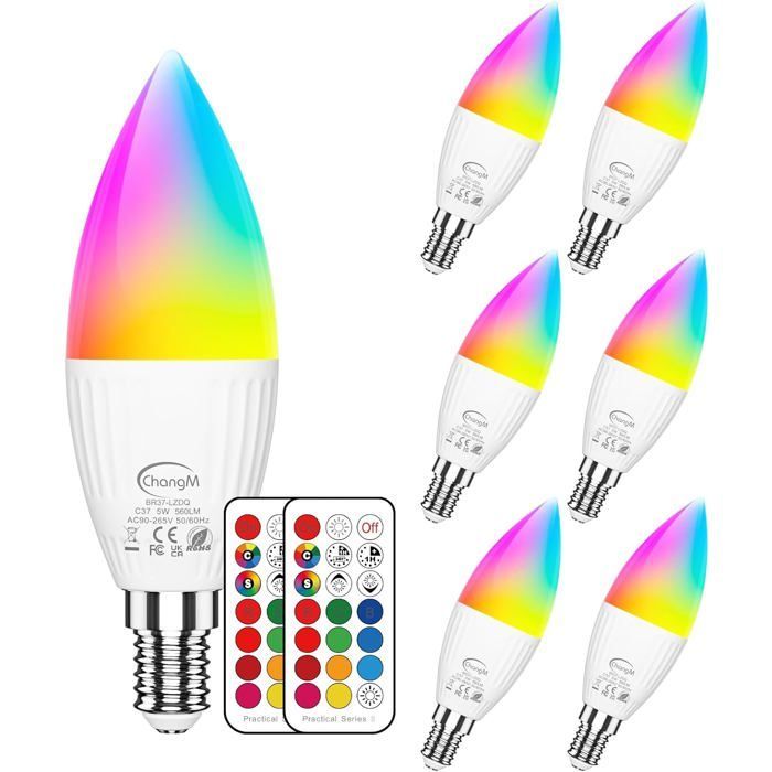 Bombilla LED E14 de 5W RGBW con control remoto inalámbrico, regulable y con cambio de color, 6 unidades RGB y blanco frío 5700K.
