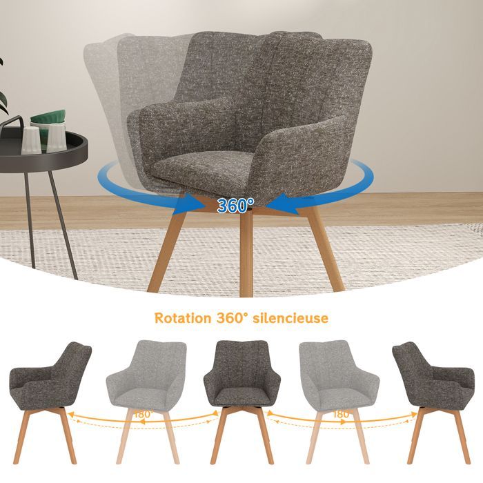 WAFTING Lot de 4 Chaises de Salle à Manger Pivotantes 360°, Accoudoirs et Pieds Bois, Dossier Haut avec Coussin en Molleton.Marron.