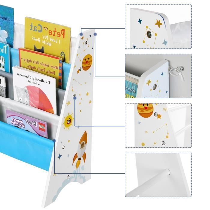 Estantería infantil SONGMICS, estante de almacenamiento para libros, con kit antivuelco, 62,5 x 28 x 60 cm, estampado espacial, blanco.