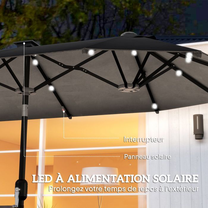 Ombrellone doppio da giardino - Outsunny - illuminazione solare - inclinazione a pulsante, manovella, 2 prese d'aria - 3 x 1,5 m - grigio