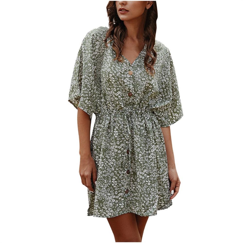 Abito estivo da donna con stampa floreale e bottoni, scollo a V, cintura, maniche corte, vestibilità slim, abiti da spiaggia da donna, mini abito estivo boho #3