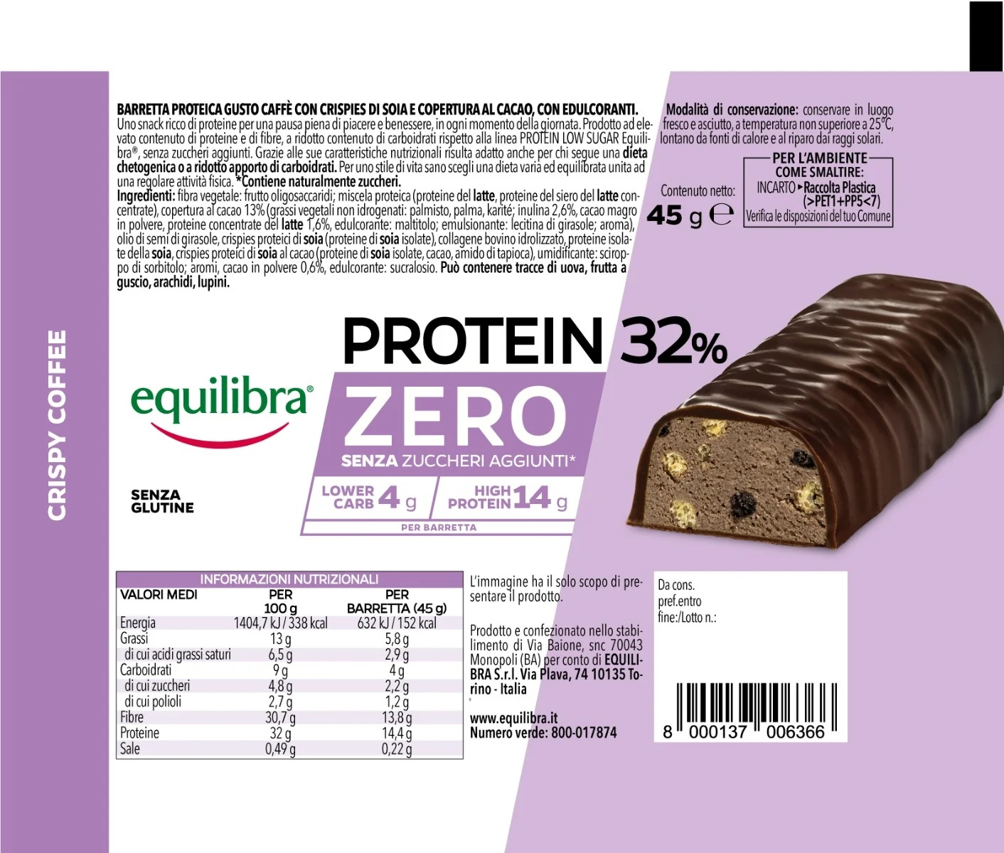 Equilibra Proteinreep Equilibra Protein 32% Zero Crispy Coffee 45 g