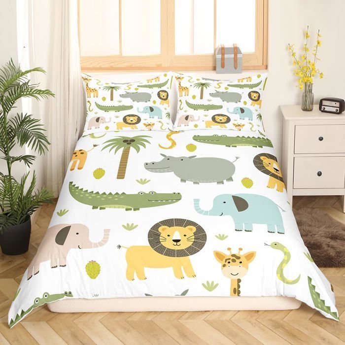 Parure de Lit Wildlife Mignon Hippopotame Crocodile Lion Housse de Couette 140x200cm Enfants Dessin animé éléphant Girafe Literie
